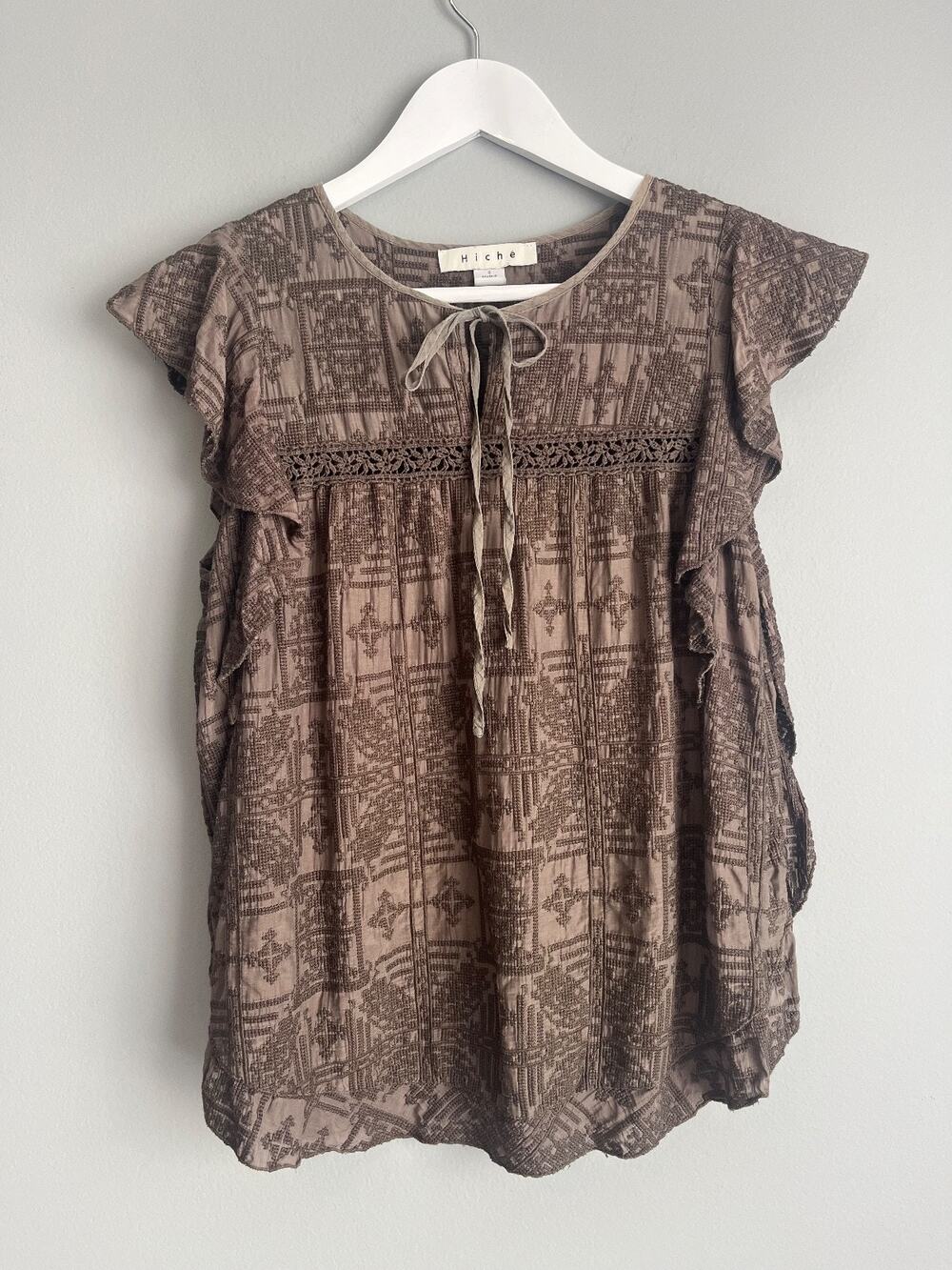Hiche S Taupe Jacquard Ruffle Sleeve Blouse Boho Tie Neck Textured Eclectic Top